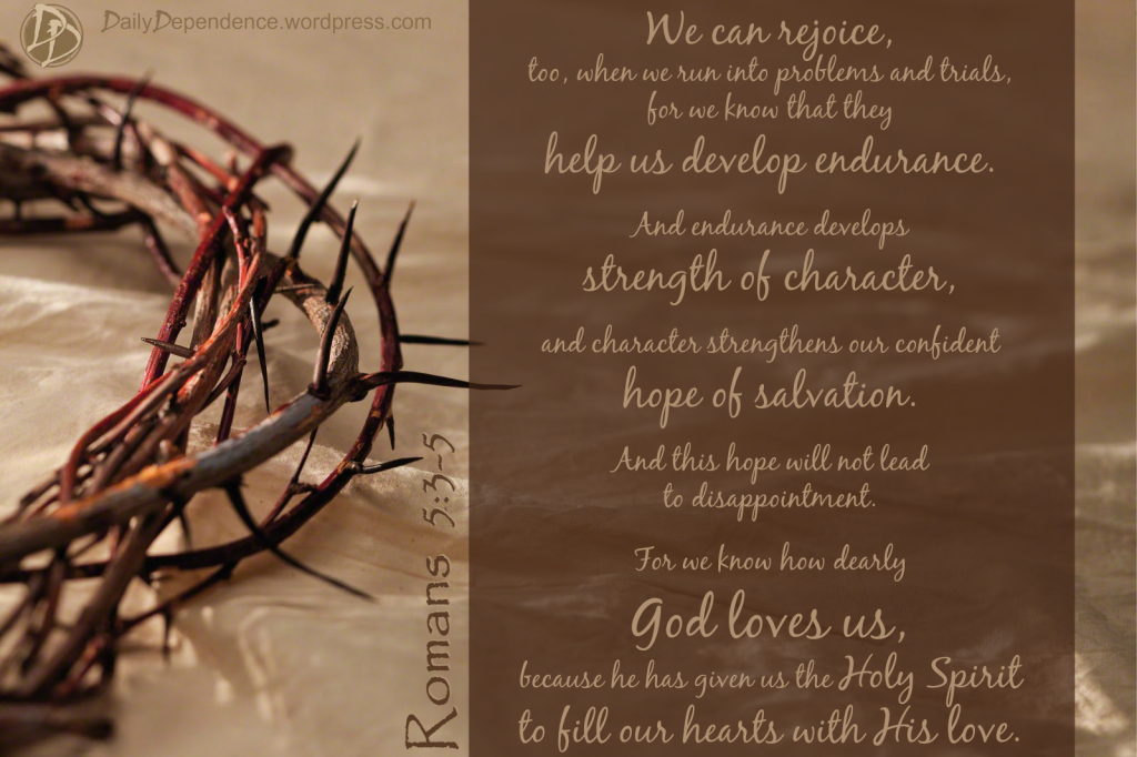 “We can rejoice, too, when we run into problems and trials, for we know that they help us develop endurance.  And endurance develops strength of character, and character strengthens our confident hope of salvation.  And this hope will not lead to disappointment.  For we know how dearly God loves us, because He has given us the Holy Spirit to fill our hearts with His love.”